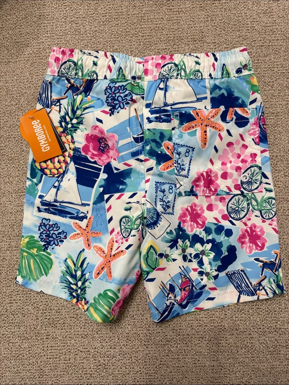 Gymboree Royal Blue Aqua & White Kids Rash Guard Set Floral Starfish Boardshorts